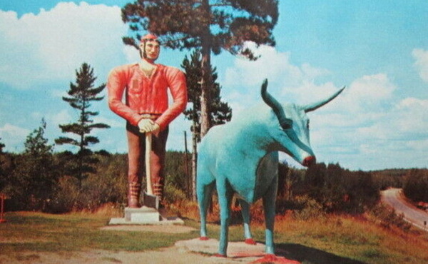 Paul Bunyan Lookout (Paul Bunyan & Babe The Blue Ox) - Old Postcard View (newer photo)